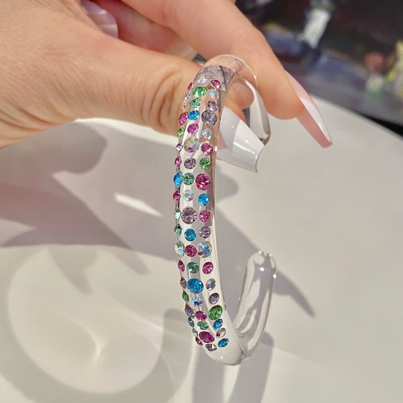 Transparent acrylic cuff bracelet with mixed Swarovski crystals rhinestones - Picture 4 of 11